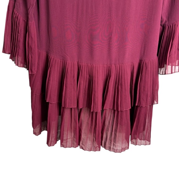 Zara Woman Contrasting Pleated Tunic Dress Burgundy Size S Bell Sleeves V Neck - Picture 9 of 11
